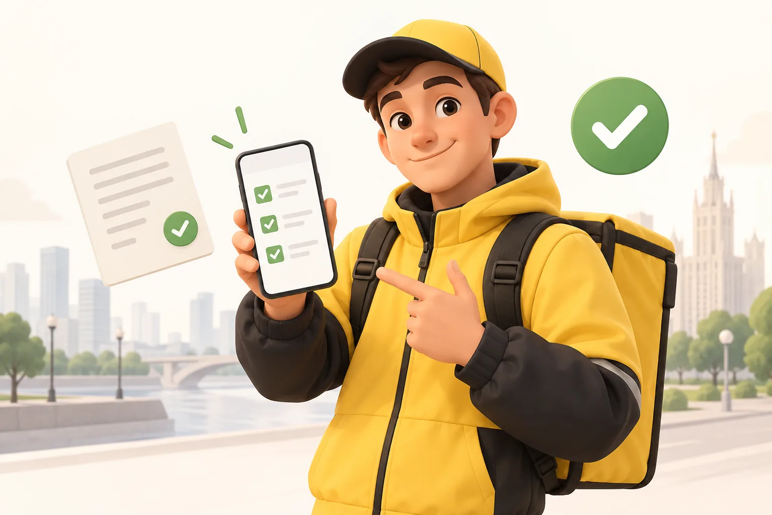 Курьер оформляет самозанятость через приложение на смартфоне
